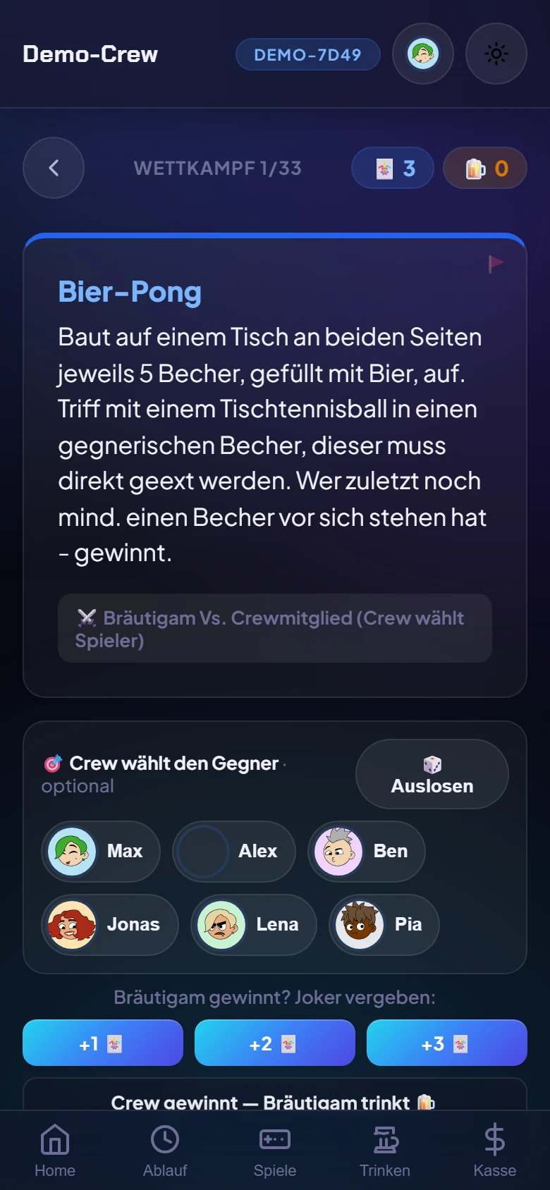 Wettkämpfe in der JGA Revolution App – Hauptperson gegen die Crew