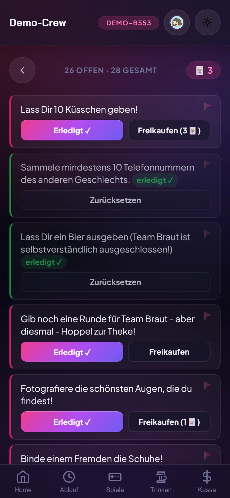 Aufgaben und Joker in der App