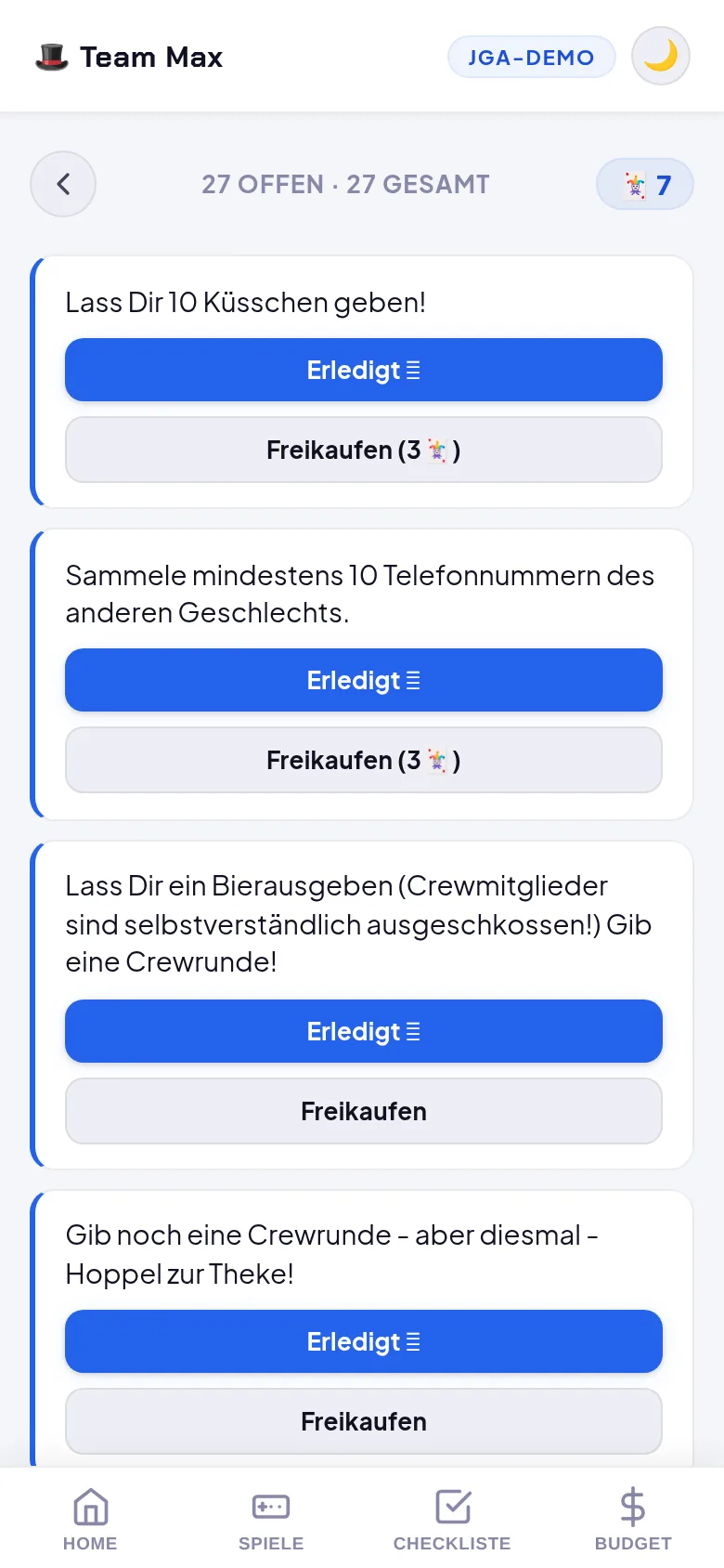 Aufgaben & Joker in der App – Gentleman