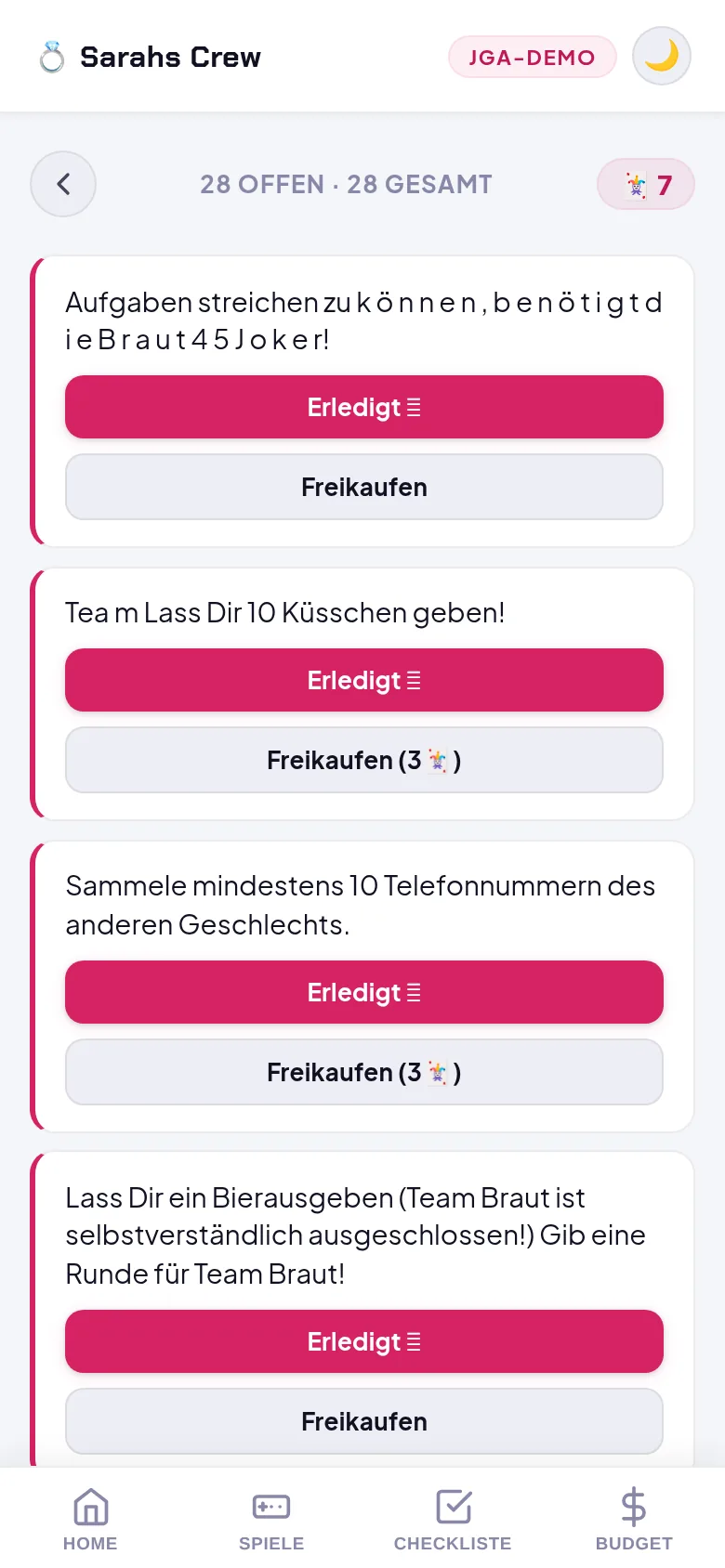 Aufgaben und Joker-System in der JGA Revolution App